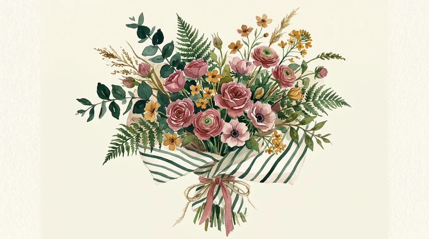 Watercolour posy of mixed garden flowers