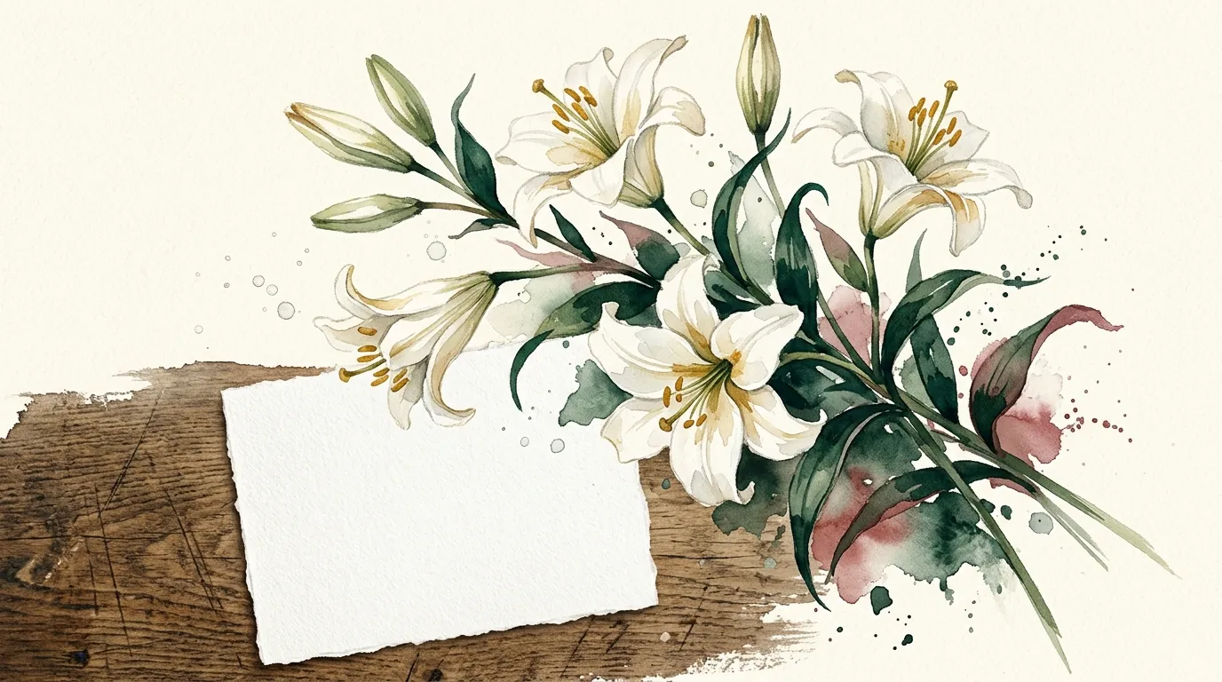 Watercolour study of white lilies and foliage