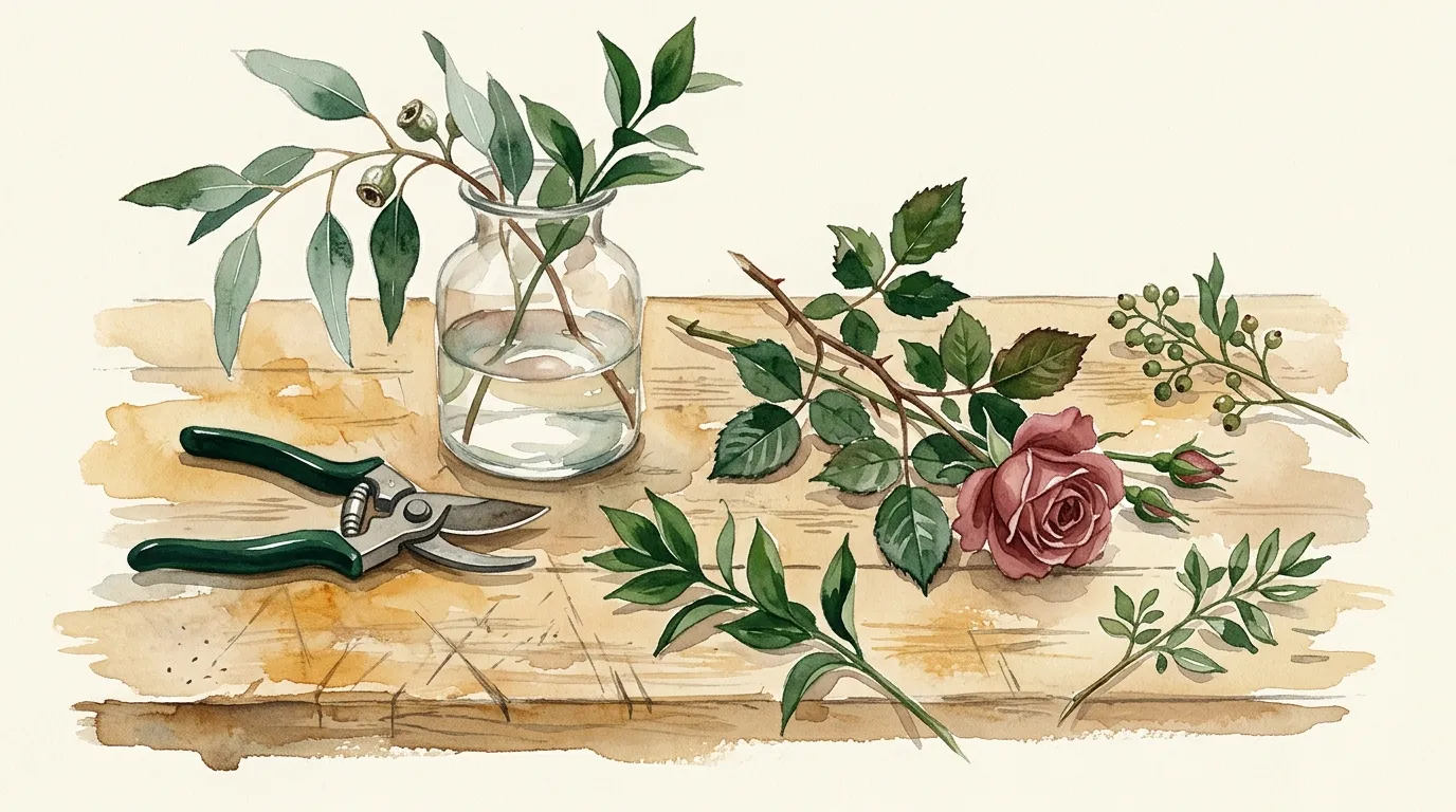 Watercolour study of stems in a plain glass vase