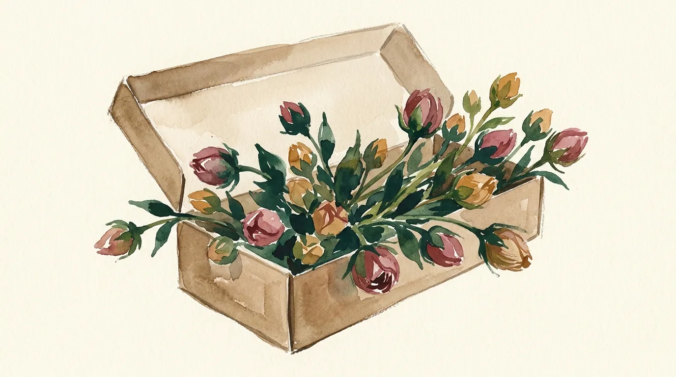 Watercolour study of flowers packed flat in a slim box